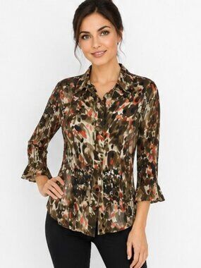 Vintage Bellissimo New York Pleated Abstract Print Blouse Sz M Petite Brown
